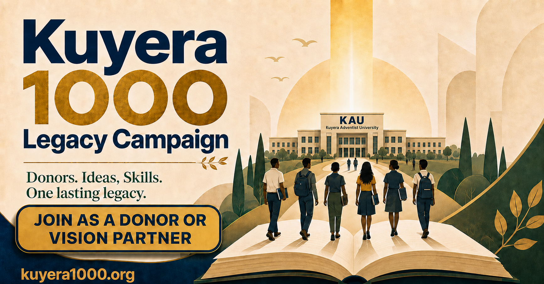 Kuyera 1000 Legacy Campaign artwork showing students walking from an open book toward the centered Kuyera Adventist University campus